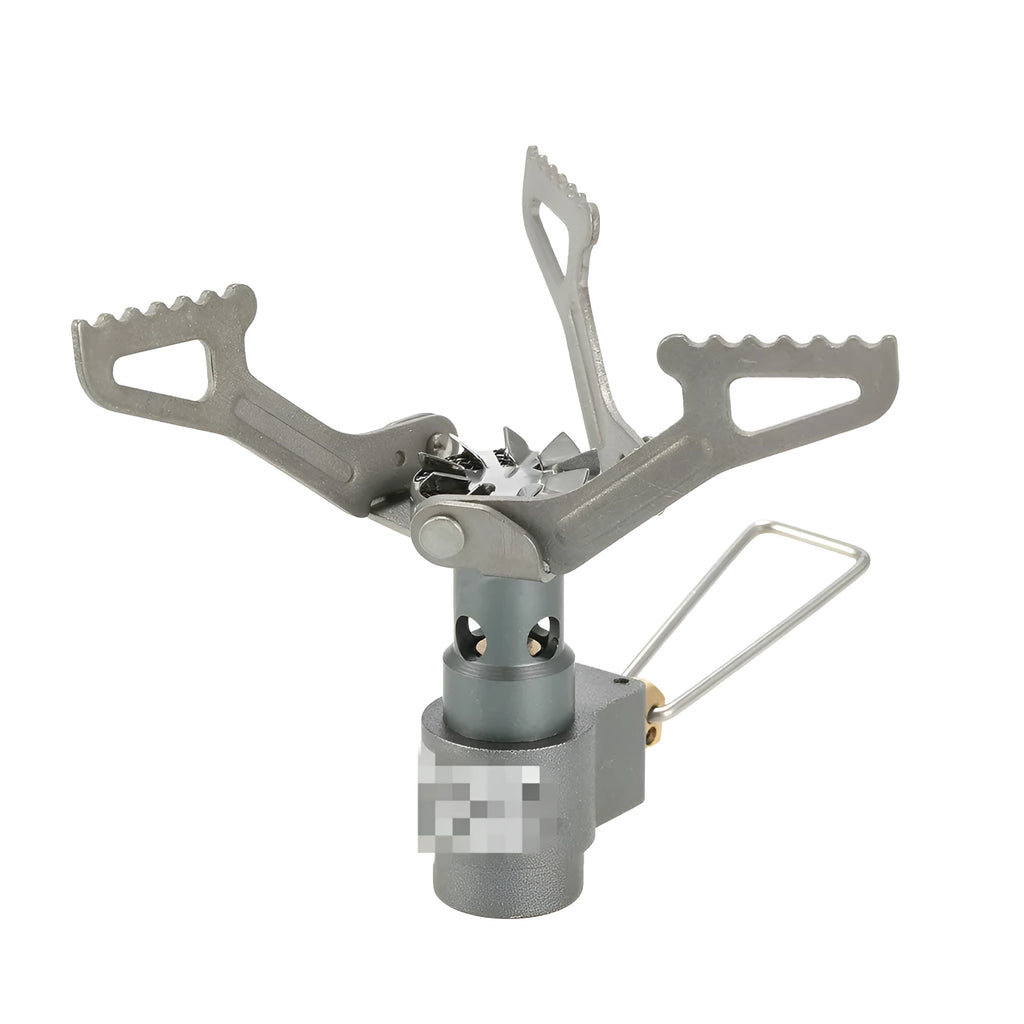 Portable propane gas camping stove with a one-piece furnace structure.