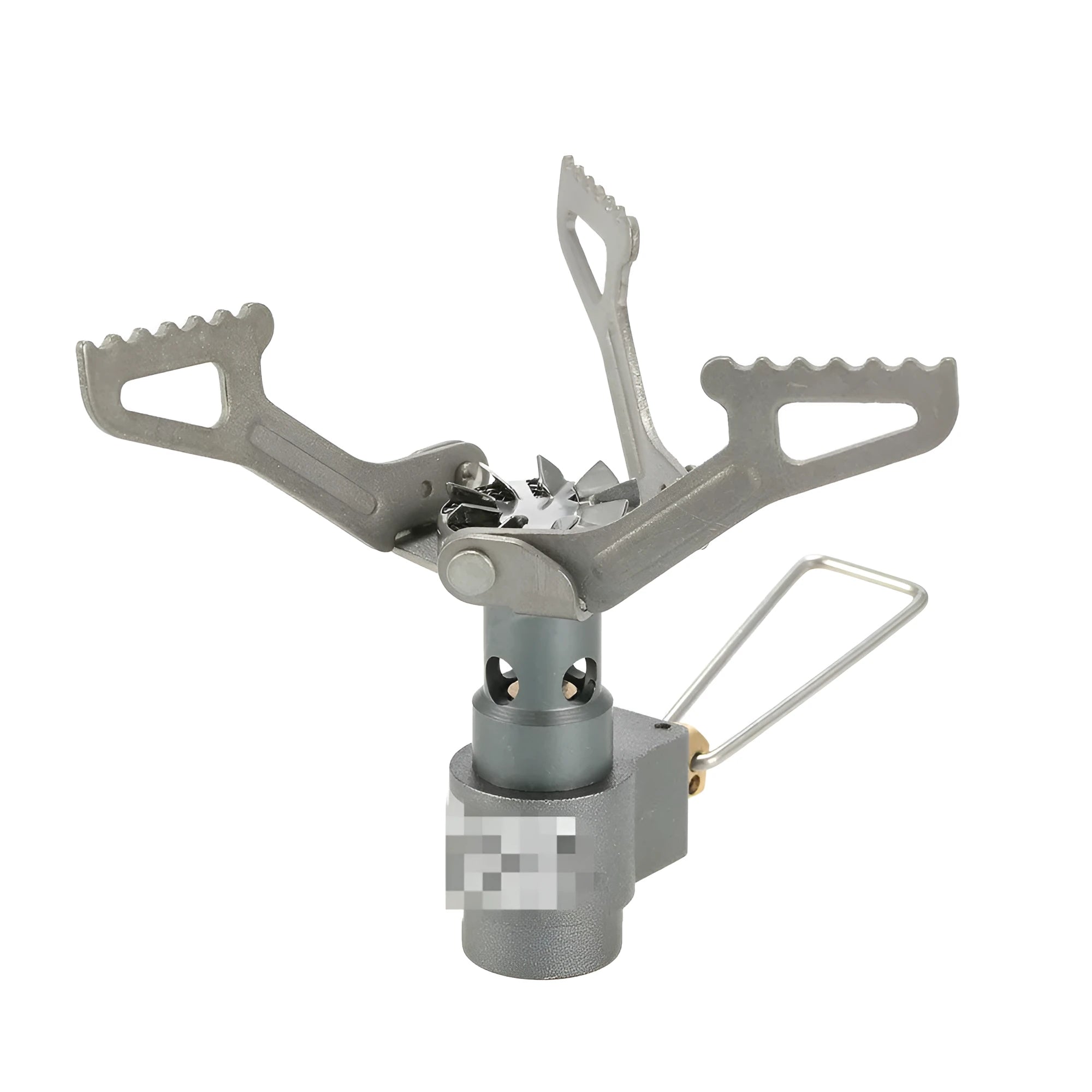 Portable propane gas camping stove with a one-piece furnace structure.