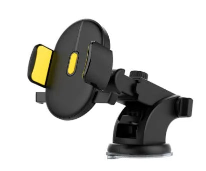 Black telescopic car phone holder with suction cup mount extended on a car dashboard.