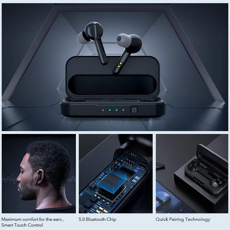 Black plastic TWS wireless earbuds with Bluetooth 5.0 and IPX5 waterproof rating.