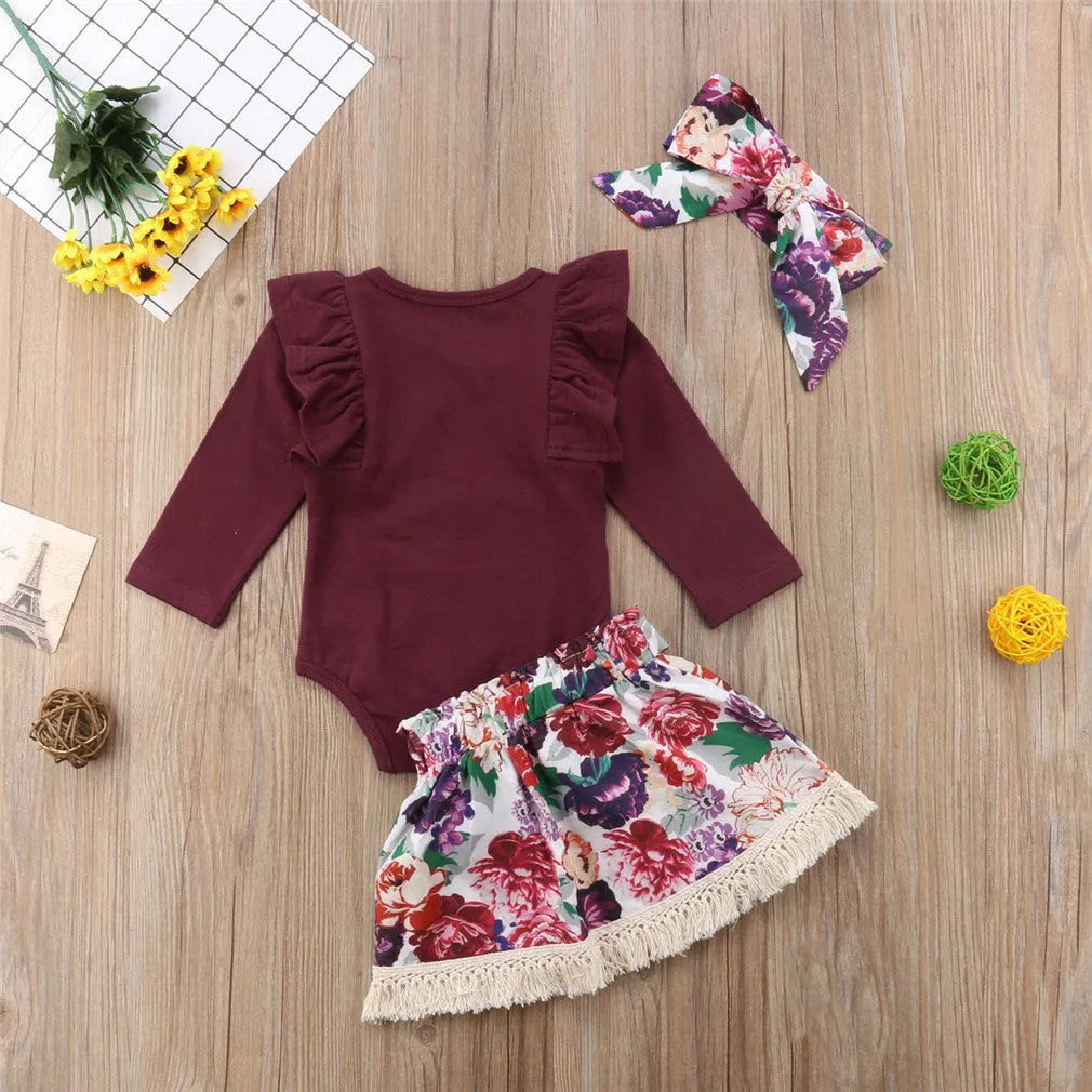 Ramia Ruffle Set for baby girls: pink long sleeve ruffle top with floral skirt and headband