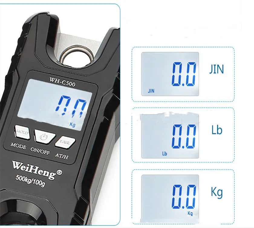 500kg electronic crane scale in black with digital display and hanging hook for industrial weighing