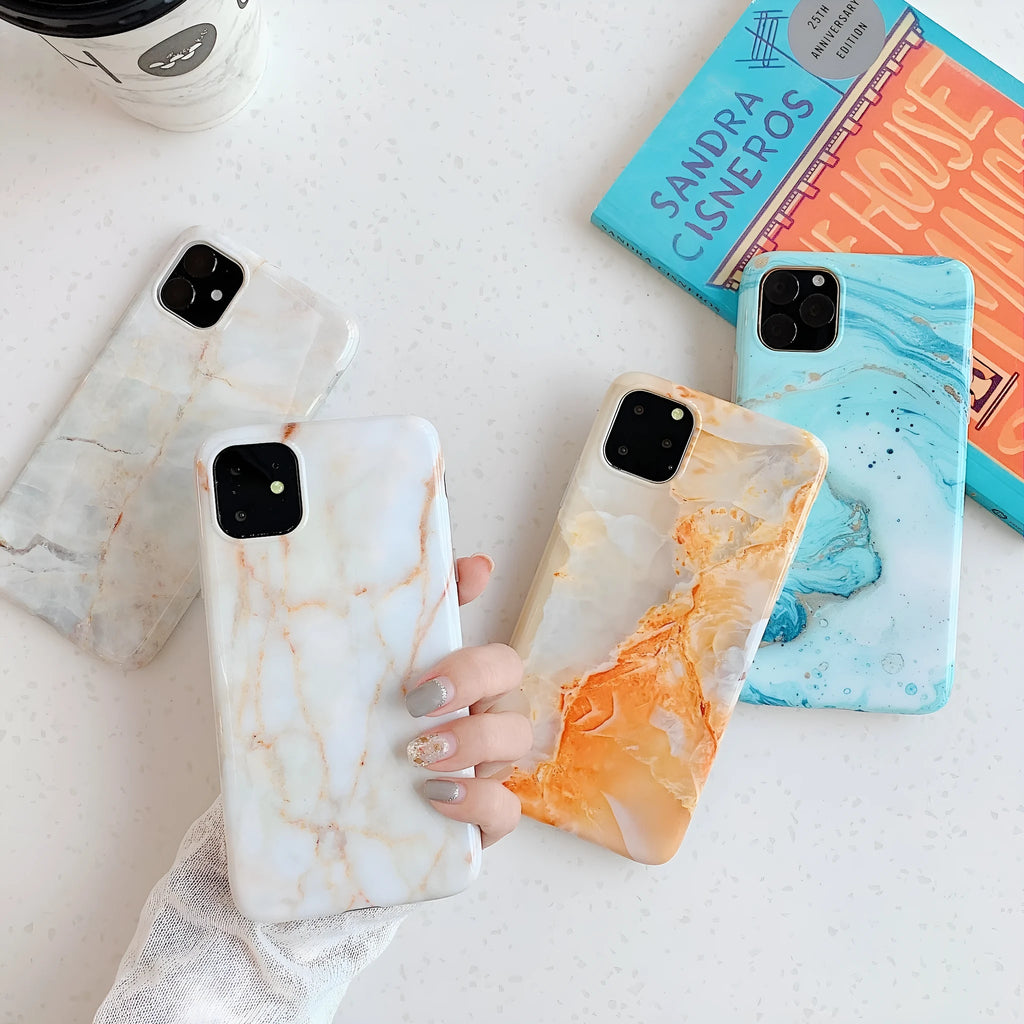 Frosty marble silicone phone case for iPhone, black back cover with geometric pattern