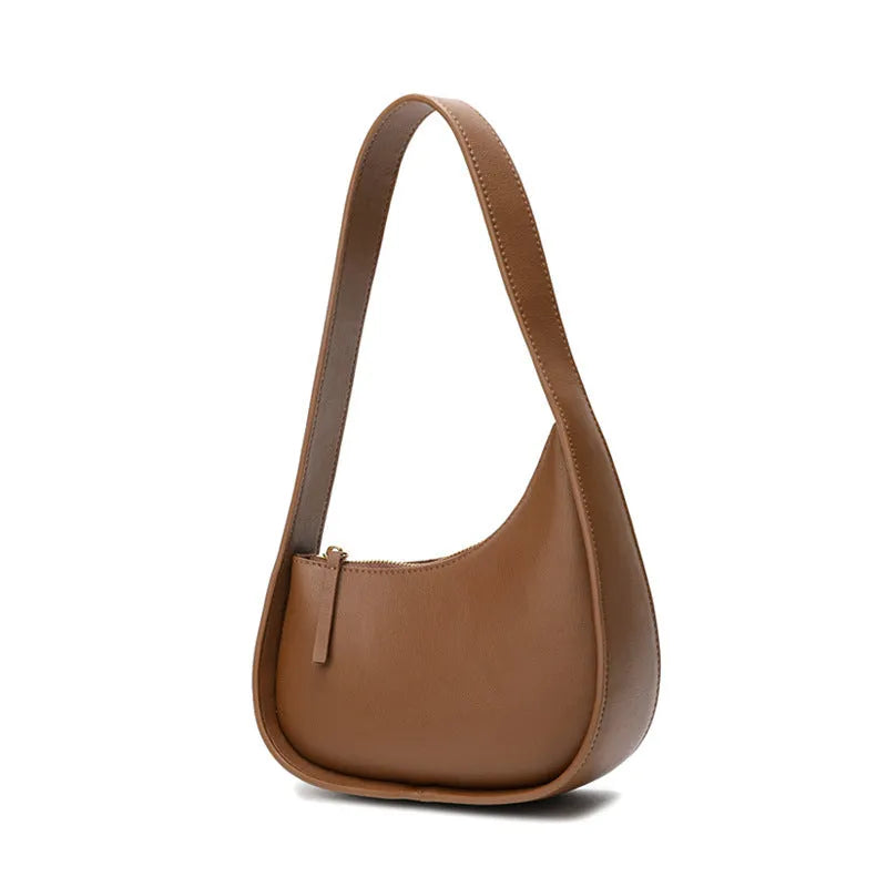 Genuine leather women's half moon shoulder bag with wide strap and soft handle