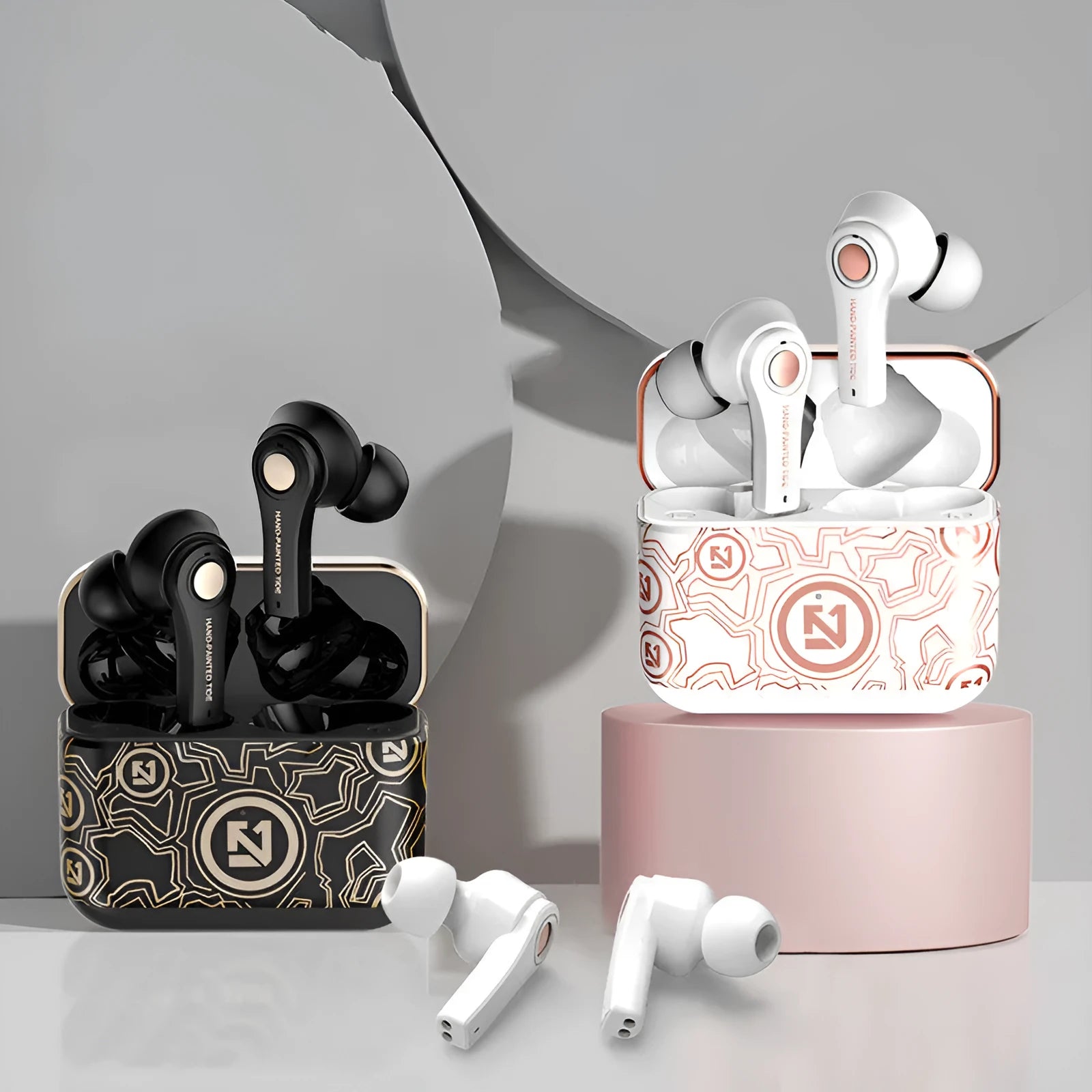 Black and white TWS touch wireless in-ear headphones with charging case
