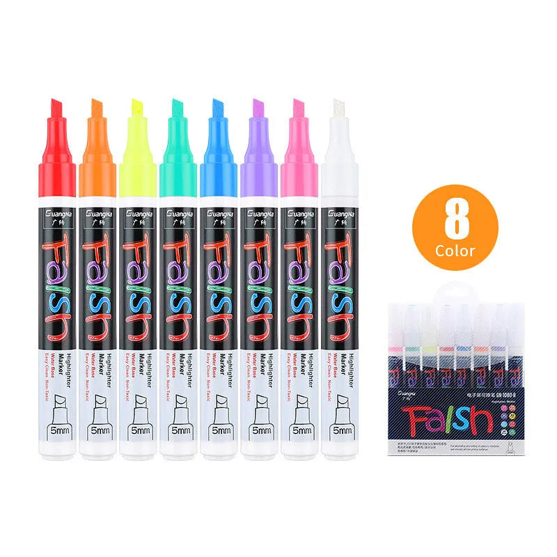 Electronic fluorescent plate highlighter with plastic shell and 6mm oblique tip, shown with 8 colour refills.