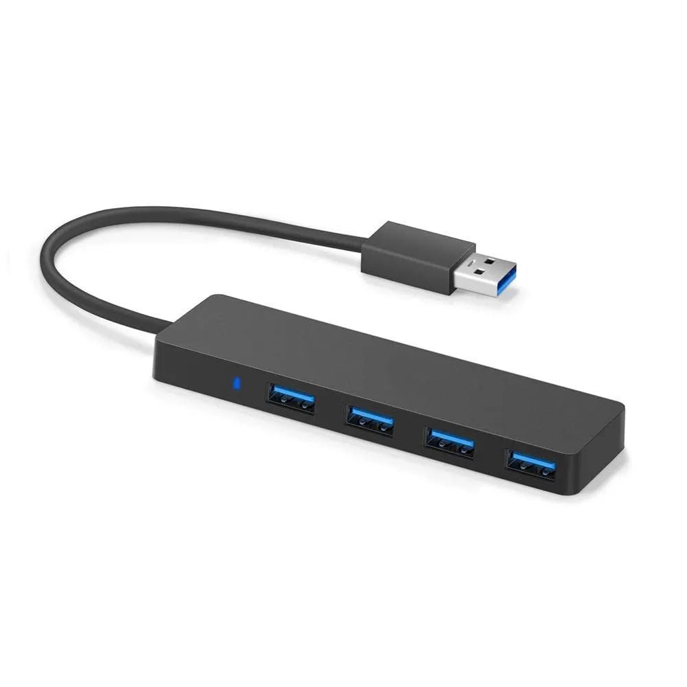 USB 3.0 hub with four ports, blue LED indicators, and 30 cm connection cable