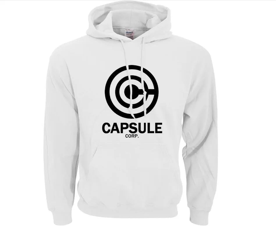 Capsule Corp men's hip hop hoodie with print pattern, turn-down collar, and hood in black white colourway