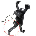 Black motorcycle phone mount with adjustable arms and USB charging port on handlebar