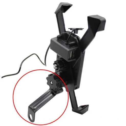 Black motorcycle phone mount with adjustable arms and USB charging port on handlebar