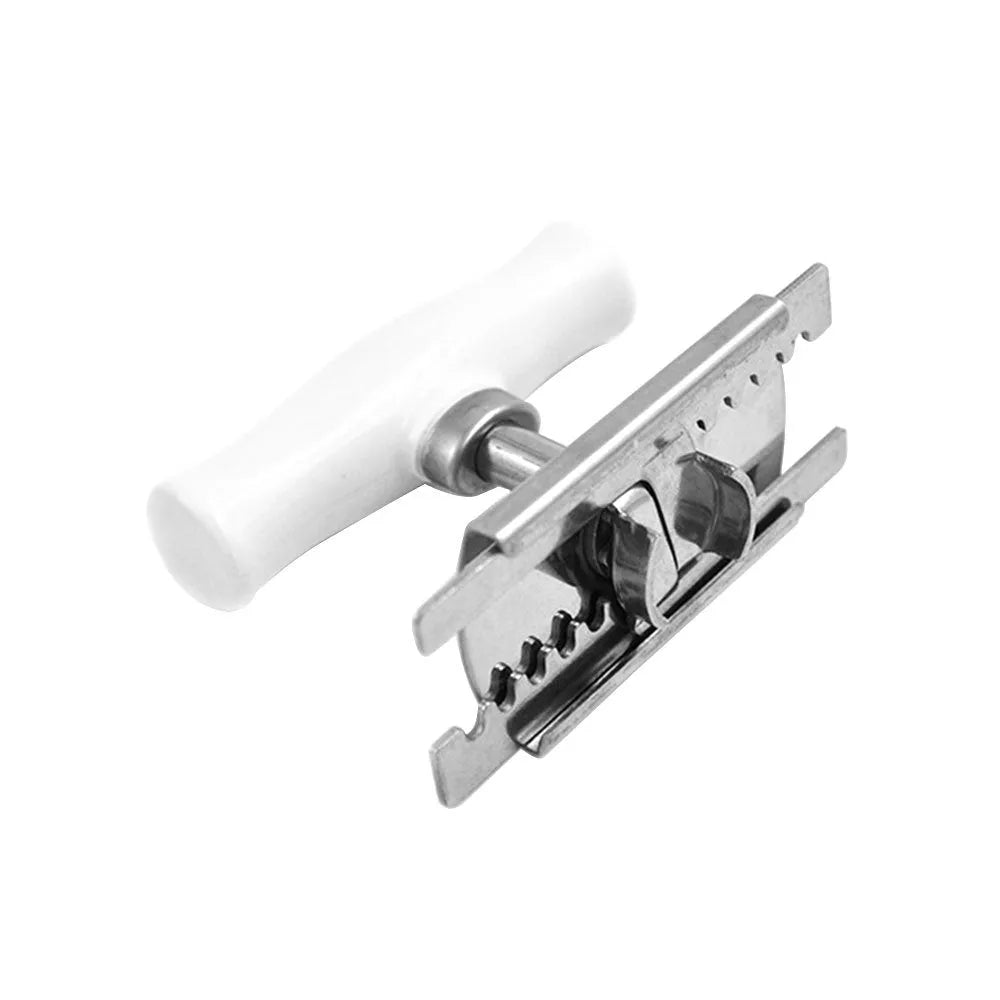 White stainless steel adjustable bottle opener with gear mechanism and polypropylene handle