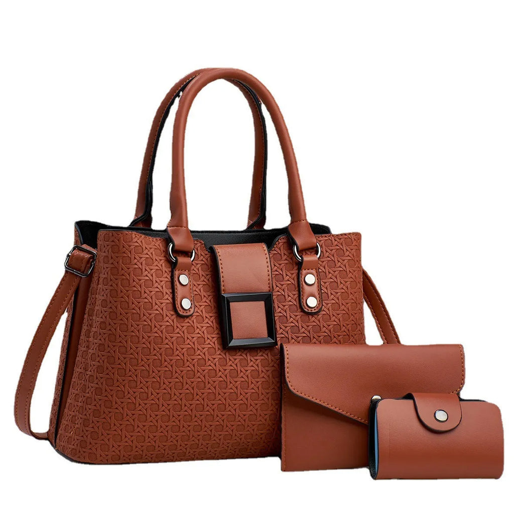 Three-piece textured women's crossbody bag set in square vertical design with organiser compartments