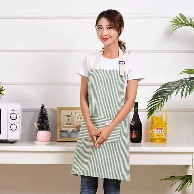 Linen stripe apron in blue, breathable anti-stain kitchen apron for household chores, one size