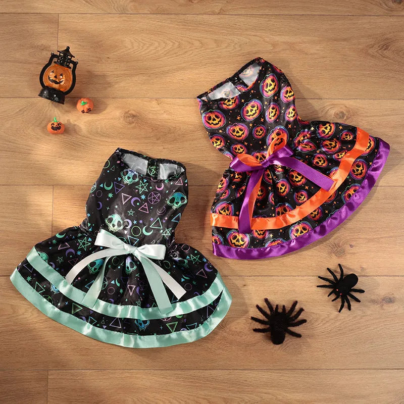 Colourful Halloween dog skirt with pumpkin print, double-layer polyester.