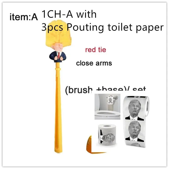 Yellow plastic Donald Trump novelty toilet brush with hanging handle, 40cm long