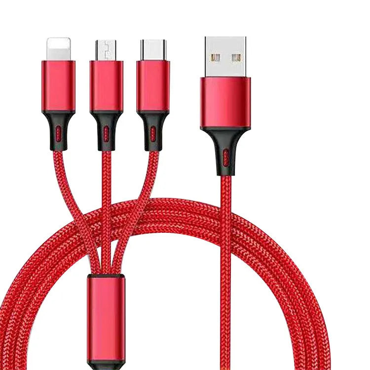 1.2 metre long multi-device charging cable with nylon braid in red, blue, gold, black, silver, and rose gold colours