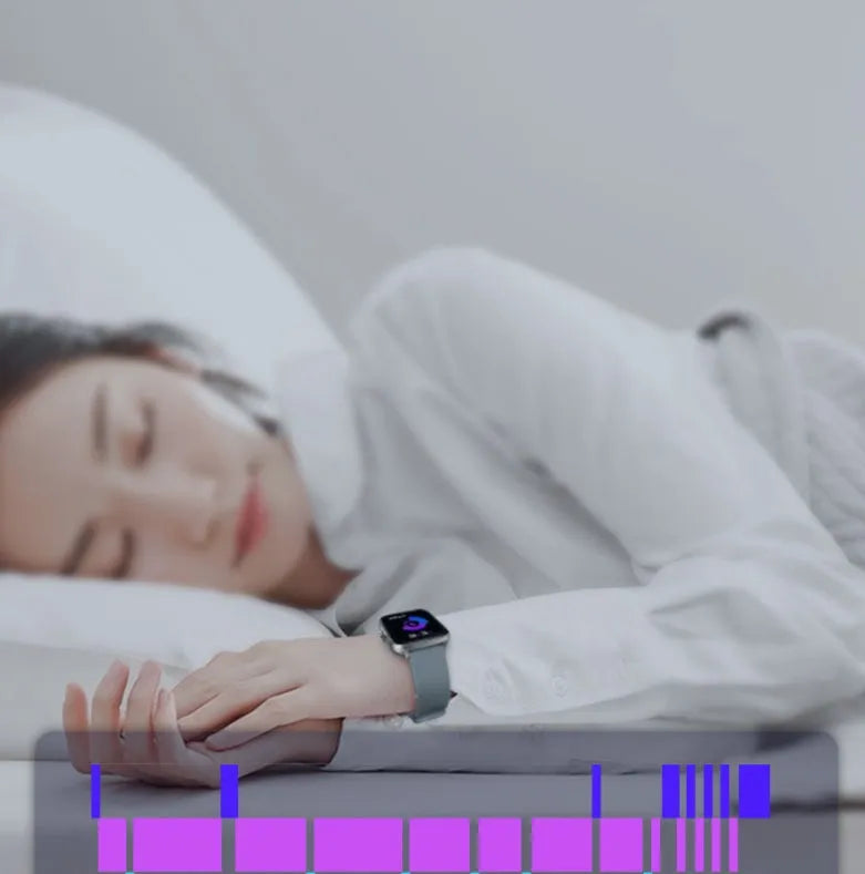 Smart watch with 1.7-inch colour touch screen on adjustable strap, shown in black, blue, or gold.