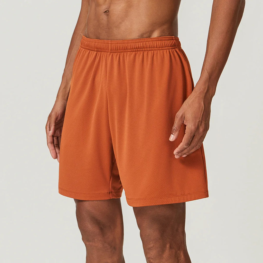 Men's sky green double-layer quick-dry running shorts with mid-waist and shorts length.