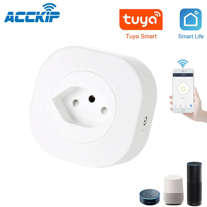 White smart socket plug with WIFI logo, showing EU, US, and Swiss plug style options.