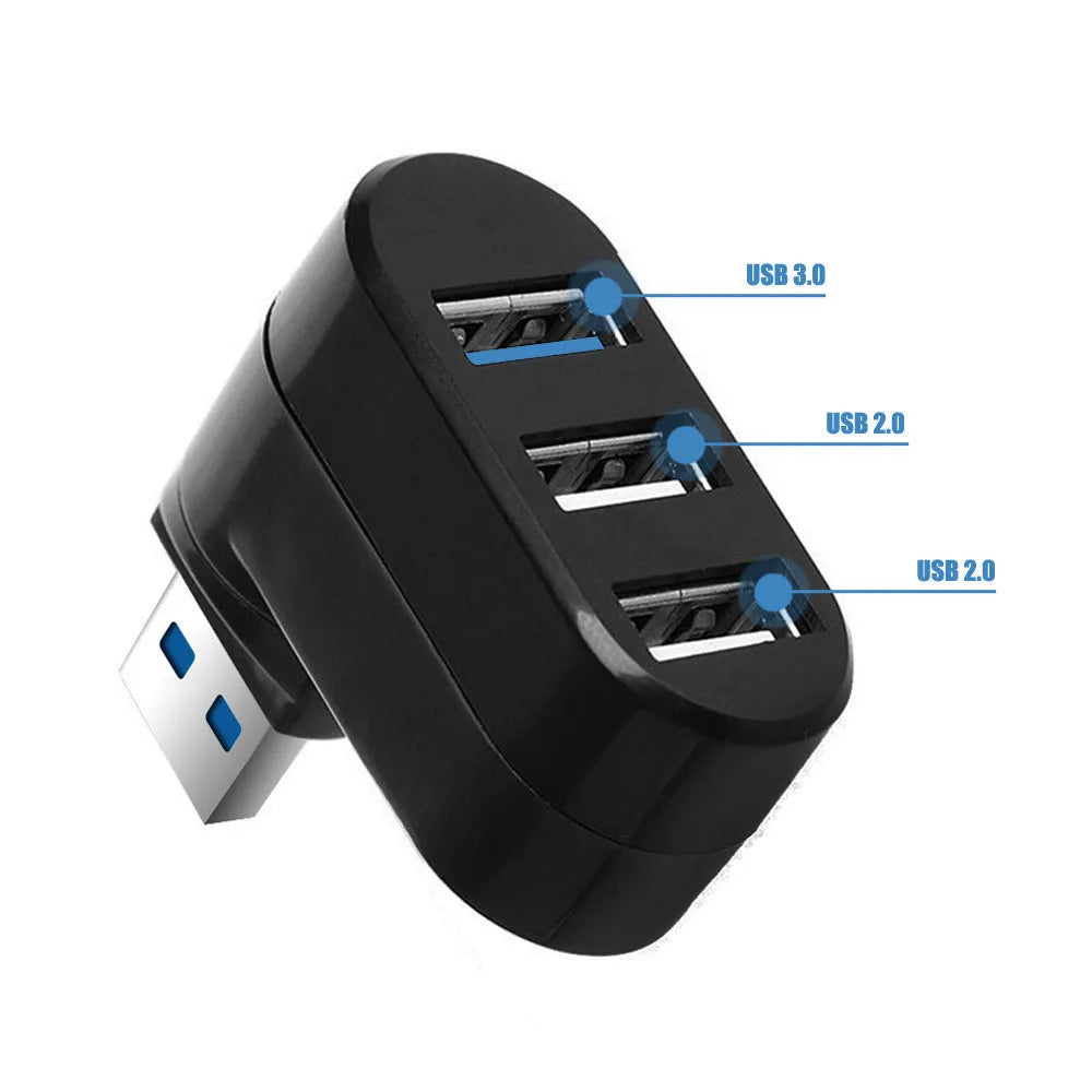 Black and white USB 3.0 four-port rotary splitter hub on a blister card packaging.