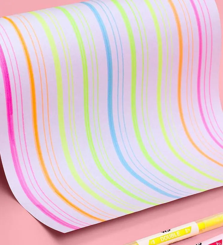 Set of six double-headed highlighter pens showing round and oblique nibs in orange, yellow, green, red, purple, and blue.