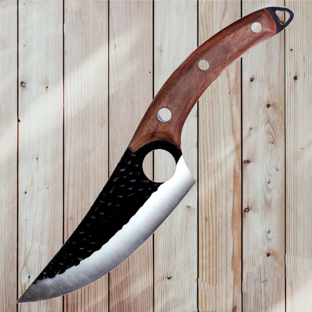 Butcher knife set with curved scimitar blade and straight boning knife in leather sheath