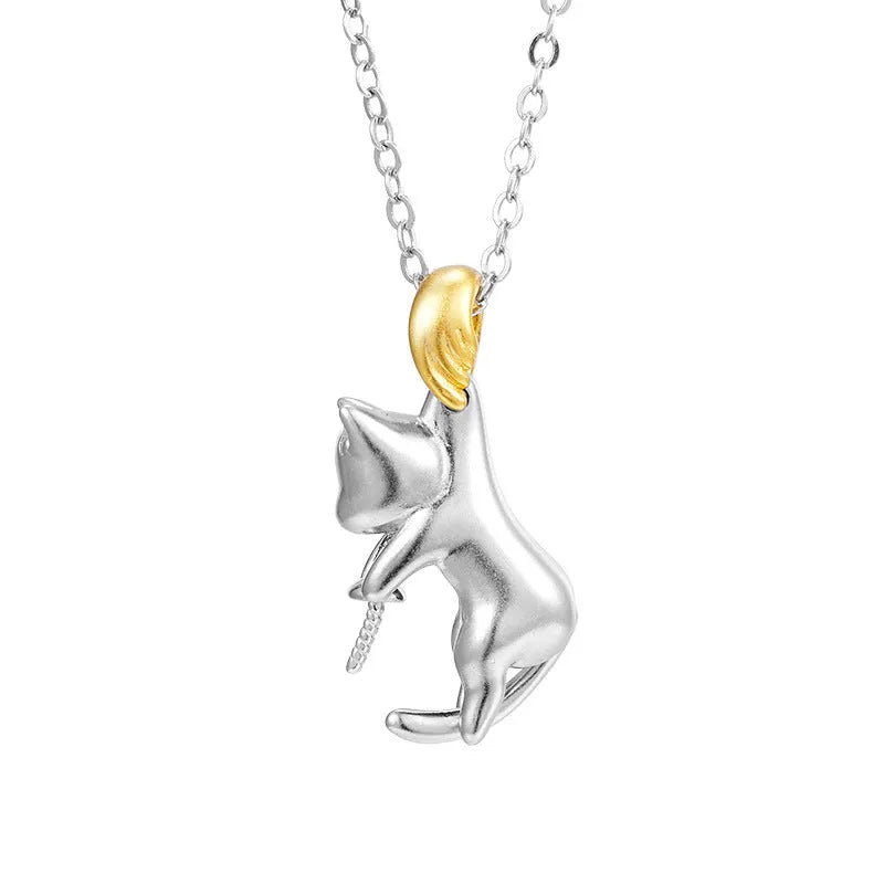 925 sterling silver cat pendant clavicle chain necklace with optional pearl beads