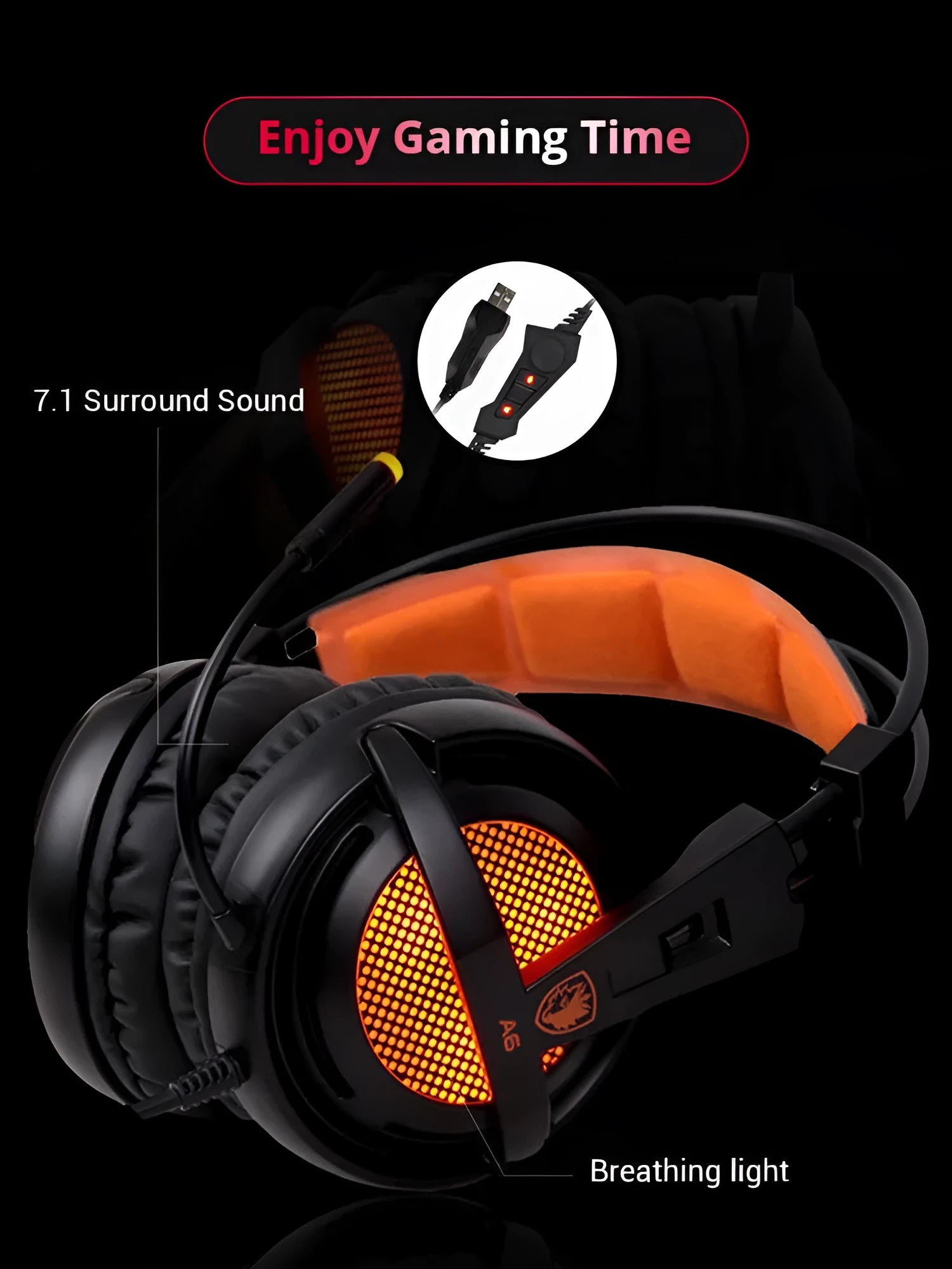 Black and white 7.1 USB gaming headset with LED lights on earcups and a padded headband