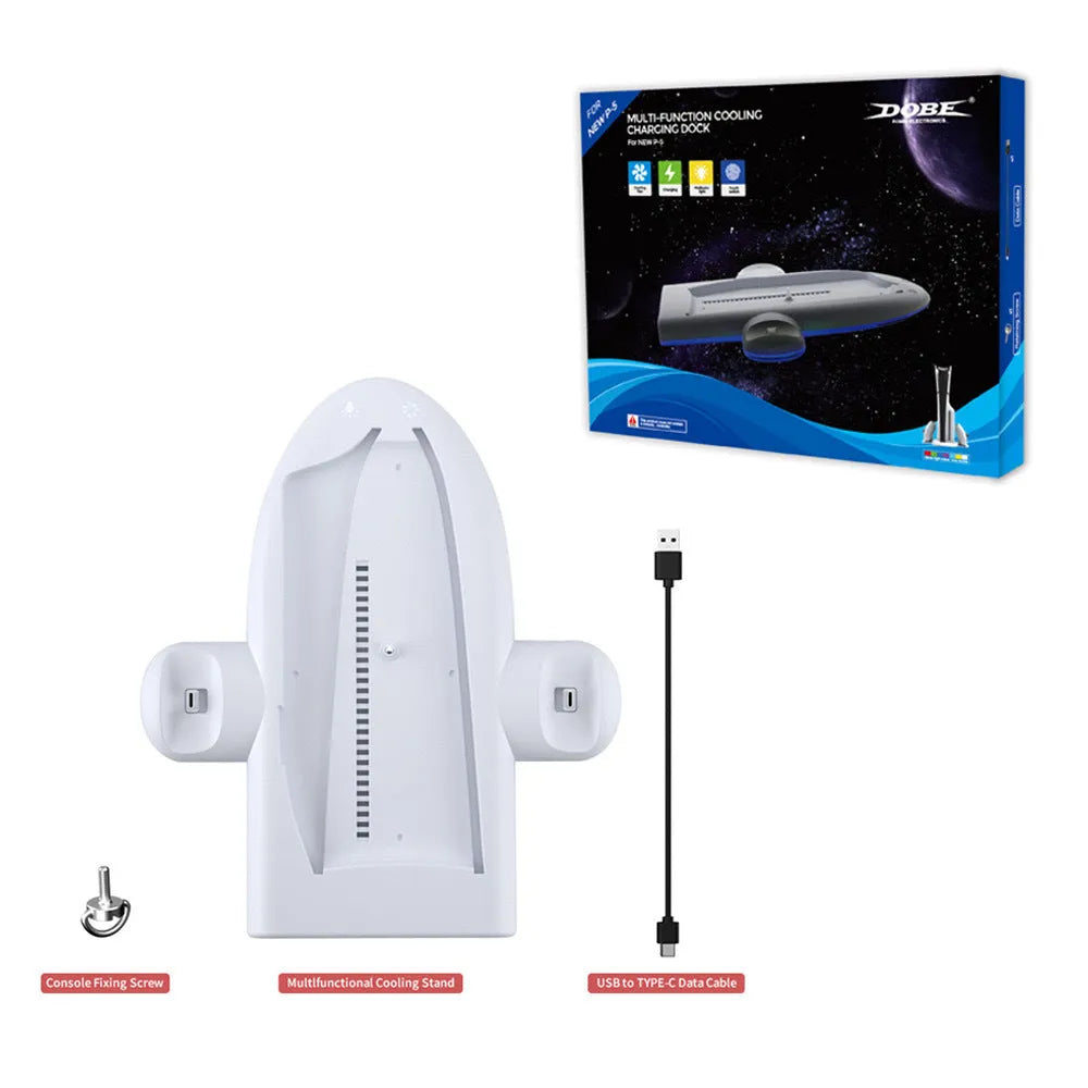 White PS5 Slim charging base with integrated USB charger and RGB ambient lights on a cooling pad.