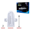 White PS5 Slim charging base with integrated USB charger and RGB ambient lights on a cooling pad.