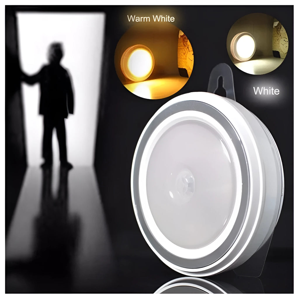 Circular white smart motion sensor LED light unit with a diameter of 80mm.
