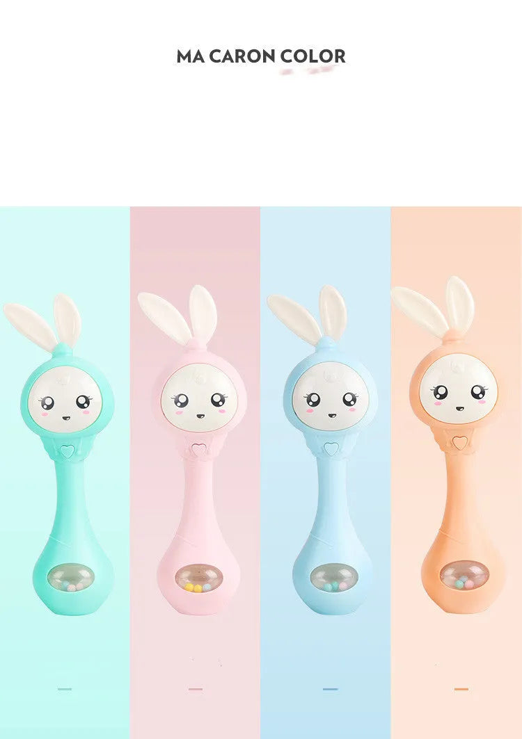 Baby holding colourful musical teething stick toy with light blue ABS plastic construction