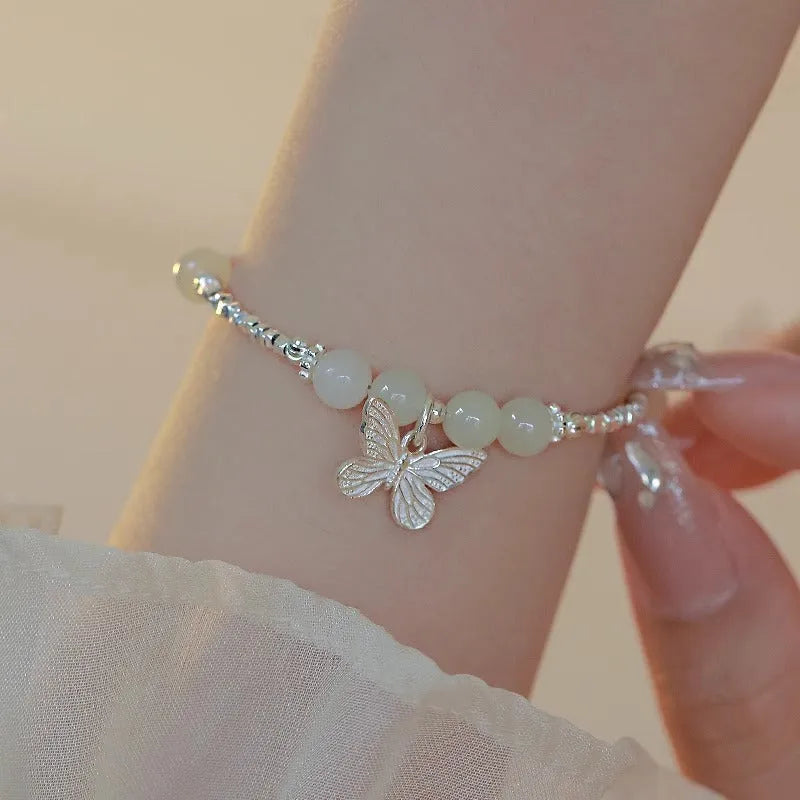 Hetian jade butterfly bracelet and necklace set with electroplated silver finish