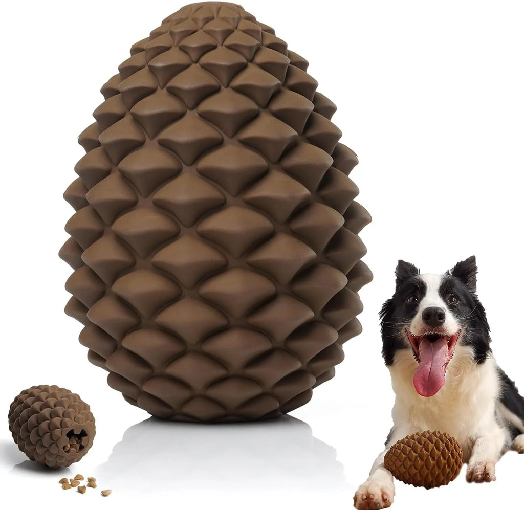Yellow pine cone shaped natural rubber dog toy with treat dispenser hole