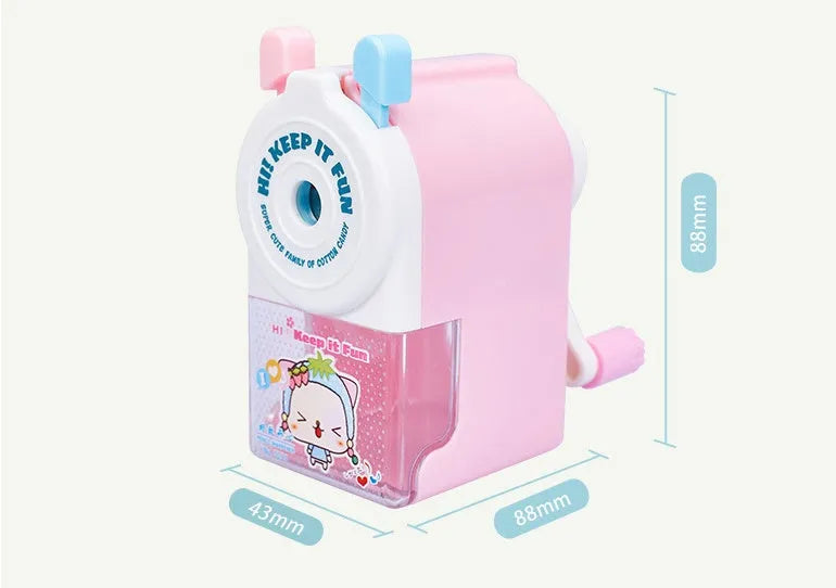 Cartoon cute pet geometric plastic manual pencil sharpener in blue, green, pink, or purple colour options.