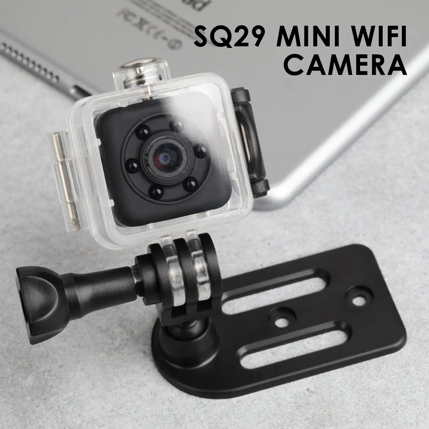 Black SQ29 waterproof sports camera showing Micro USB port and TF card slot for extended recording.