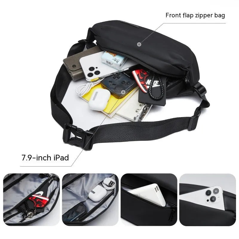 Black men's messenger bag with Oxford cloth construction for one-shoulder riding