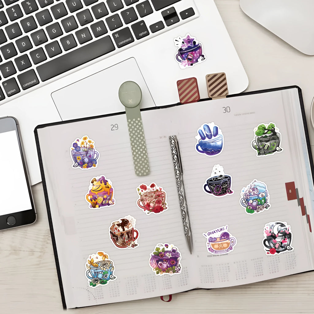 Colourful tea cup design waterproof stickers in Nordic style, set of 50 pieces for luggage and scooter decoration.