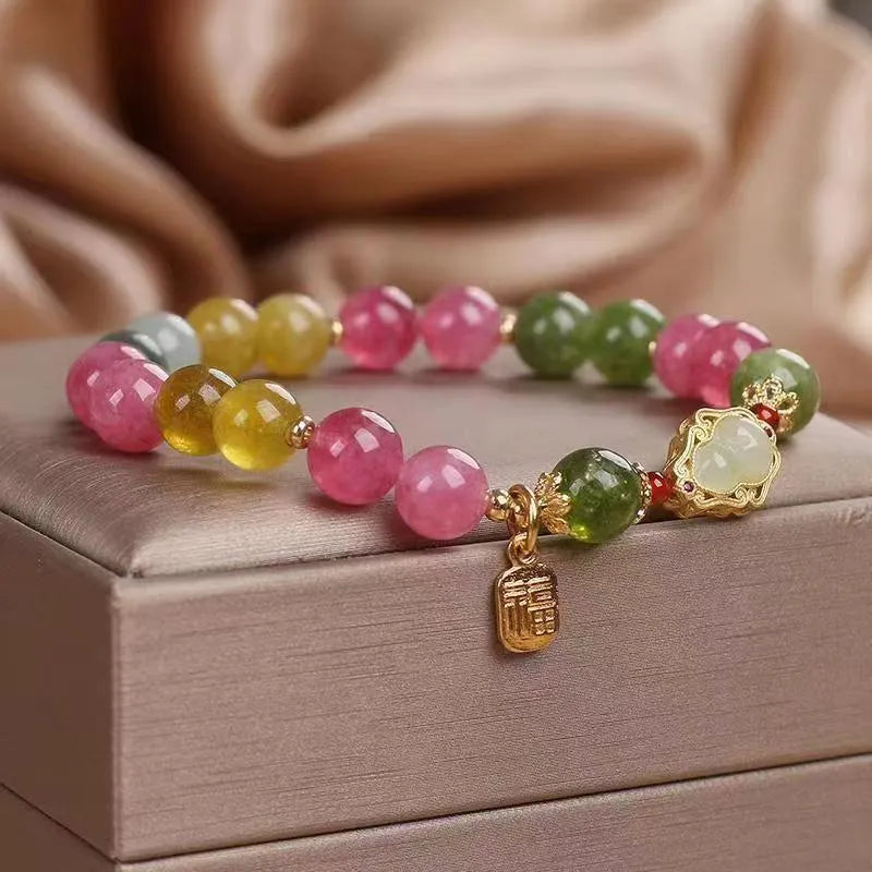 Colourful tourmaline gourd blessing card bracelet for women with electroplated finish