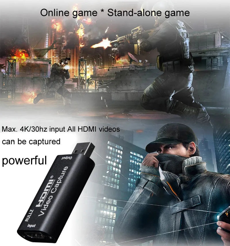 USB 3.0 HD video capture card with HDMI and USB connectors, black, 63.8x28x12.8mm