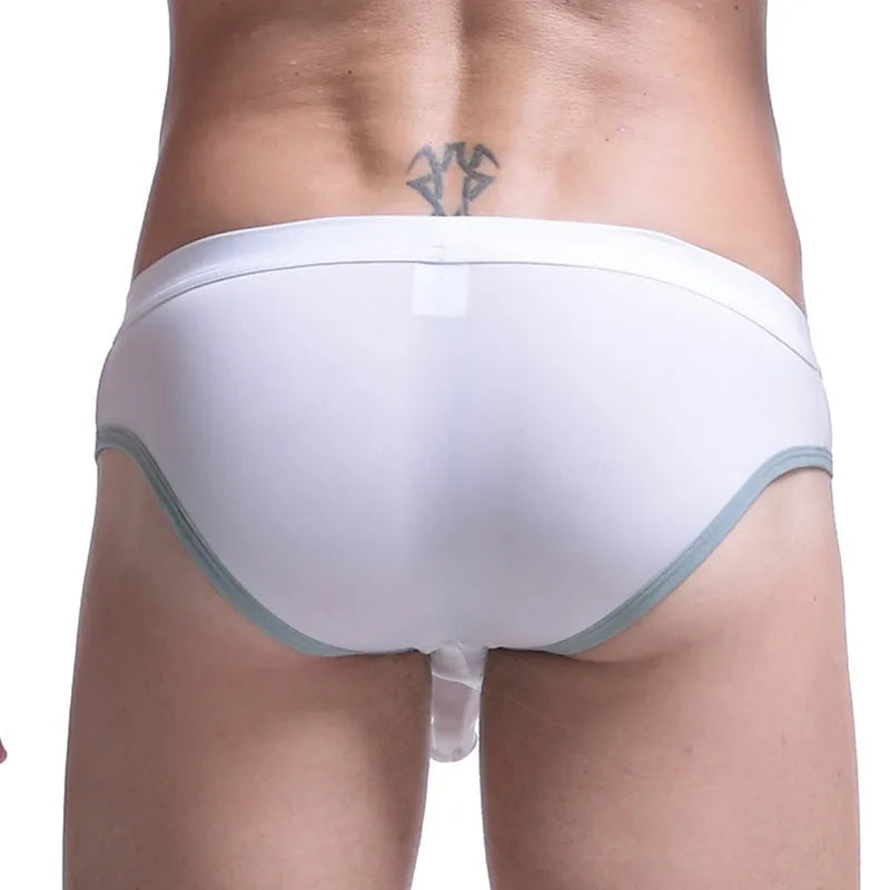 Men's ice silk bazooka briefs in seven colours showing mid-waist design and bullet separation