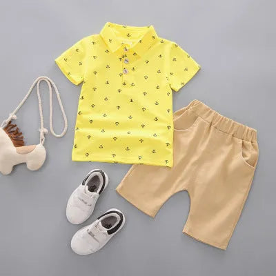 Anchor printed cotton children's trousers suit in Korean style with short sleeves