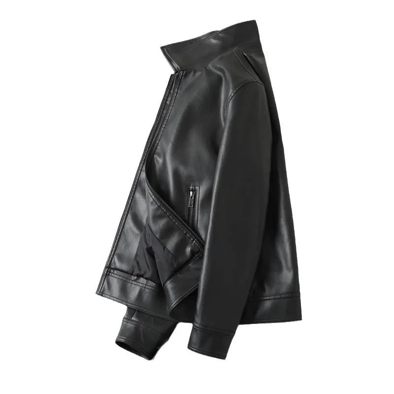 Men's black PU leather casual jacket with zipper pockets, loose fit design