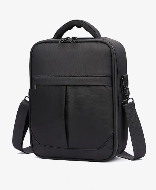 Black Oxford fabric men's messenger bag showing shoulder strap and front panel