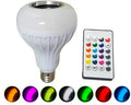 White smart LED bulb with Bluetooth speaker and remote control for colour changing lights.