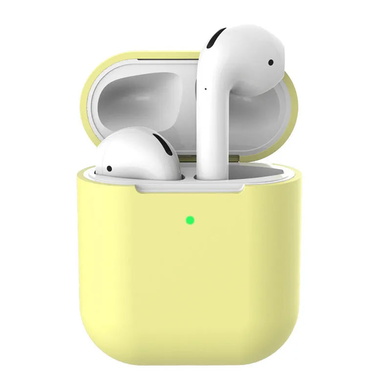 Silicone clamshell protector case for AirPods 2 wireless earphones shown in multiple colour options.