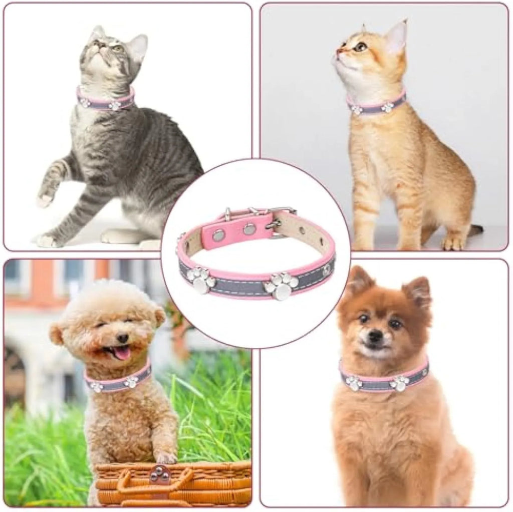 Reflective adjustable dog collar with PU leather and decorative paw rivet in multiple size options
