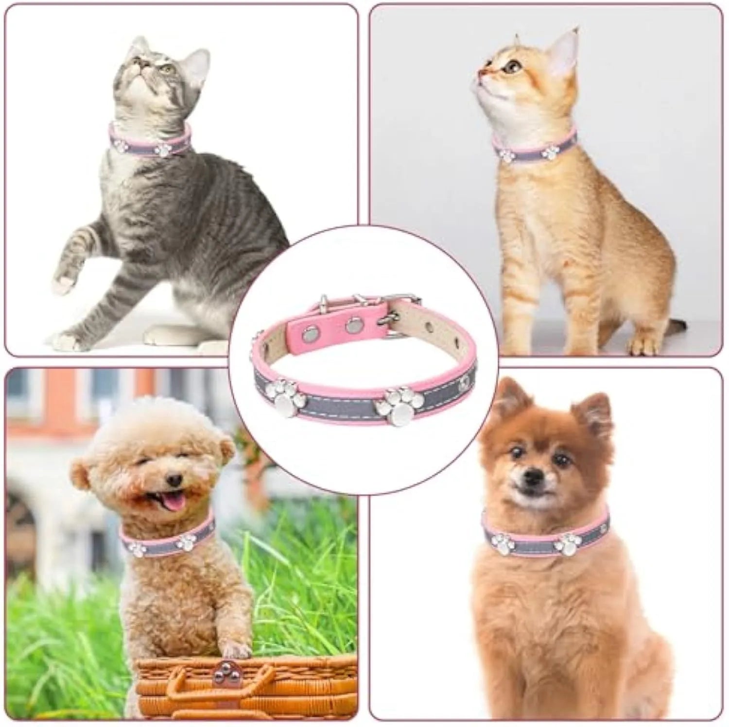 Reflective adjustable dog collar with PU leather and decorative paw rivet in multiple size options