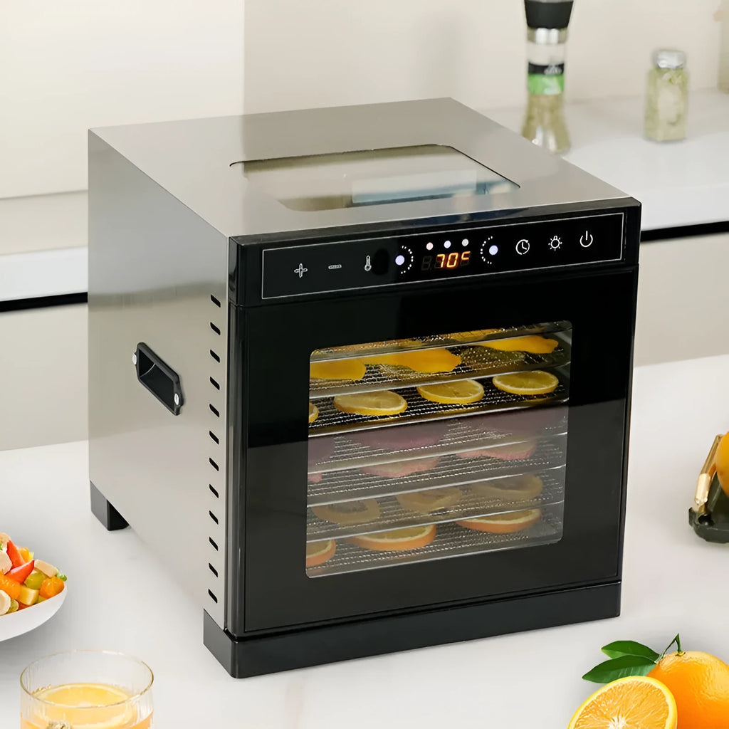 Stainless steel fruit dehydrator machine with clear viewing skylight and LED control panel
