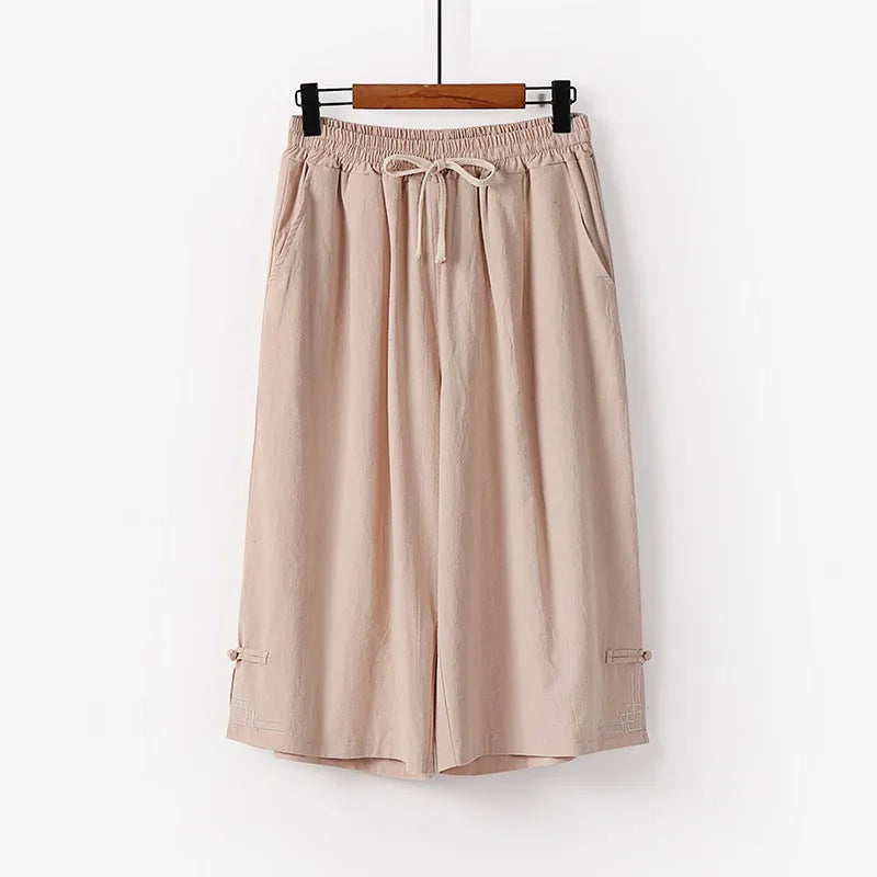 Wide leg linen leisure shorts in apricot colour with elastic waistband